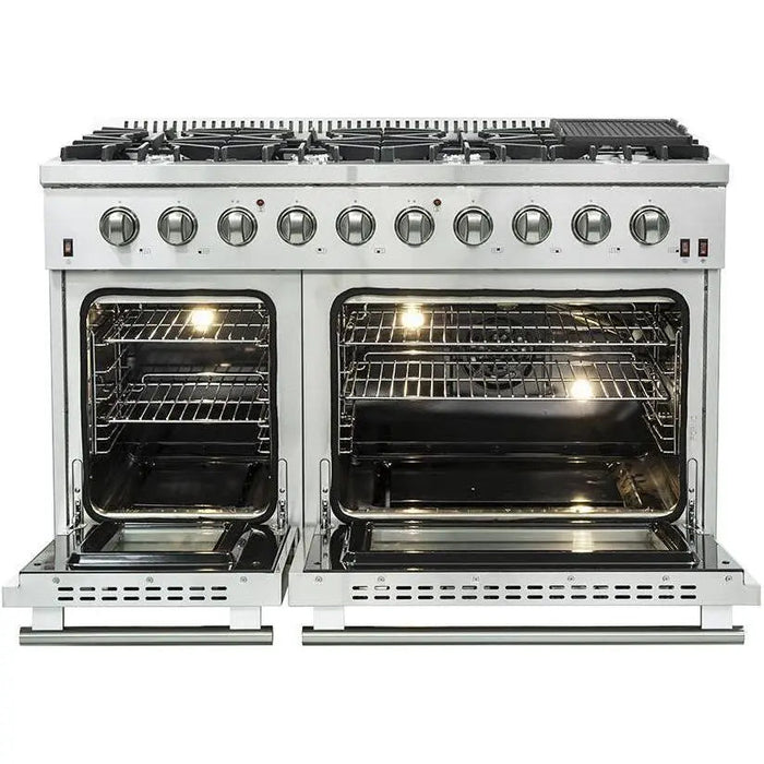 Forno 48 Inch Gas Range, Wall Mount Range Hood and Microwave Drawer Appliance Package