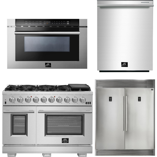 Forno 48 Inch Pro Gas Range, Refrigerator, Microwave Drawer and Dishwasher Appliance Package