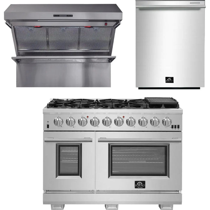 Forno 48 Inch Pro Gas Range, Wall Mount Range Hood and Dishwasher Appliance Package