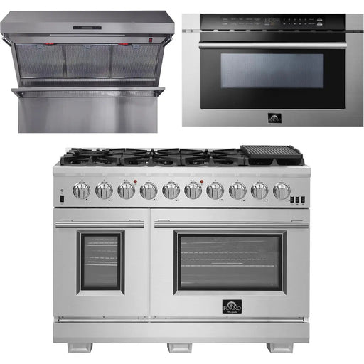 Forno 48 Inch Pro Gas Range, Wall Mount Range Hood and Microwave Drawer Appliance Package