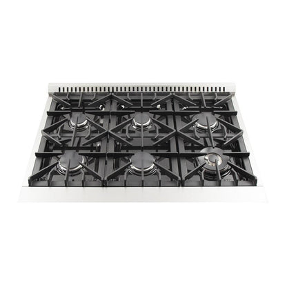 Forno 4-Piece Appliance Package - 36-Inch Gas Range, Refrigerator, Wall Mount Hood, & 3-Rack Dishwasher in Stainless Steel - APR4-6244-36-H