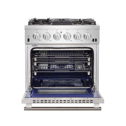 Forno 5-Piece Pro Appliance Package - 30-Inch Gas Range, Refrigerator, Wall Mount Hood with Backsplash, 24-Inch Microwave Drawer, & 3-Rack Dishwasher in Stainless Steel - AP5-6260-30-MWD