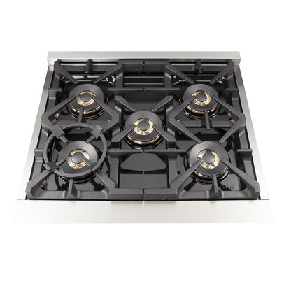 Forno 5-Piece Pro Appliance Package - 30-Inch Gas Range, Refrigerator, Wall Mount Hood with Backsplash, 24-Inch Microwave Drawer, & 3-Rack Dishwasher in Stainless Steel - AP5-6260-30-MWD