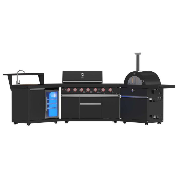 Forno All'Aperto Outdoor Kitchen Set with Grill, Sink & Bar Module, Gas Pizza Oven, Black Sintered Stone Countertops In Black FODKT2551BLK