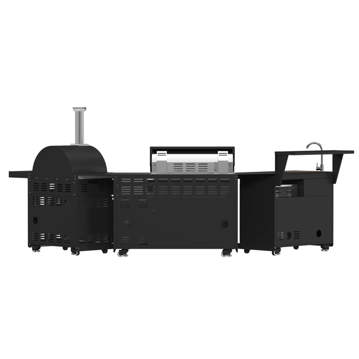 Forno All'Aperto Outdoor Kitchen Set with Grill, Sink & Bar Module, Gas Pizza Oven, Black Sintered Stone Countertops In Black FODKT2551BLK