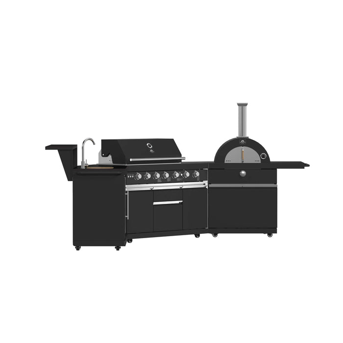 Forno All'Aperto Outdoor Kitchen Set with Grill, Sink & Bar Module, Gas Pizza Oven, Black Sintered Stone Countertops In Black FODKT2551BLK