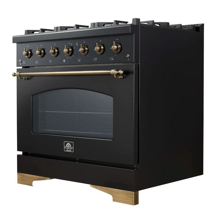 Forno Antico 36-inch Dual Fuel Range with 6 Gas Burner Cooktop and 4.5 Cu.Ft. Electric Convection Oven in Black with Antique Brass Trim (FFSGS6113-36BLK)