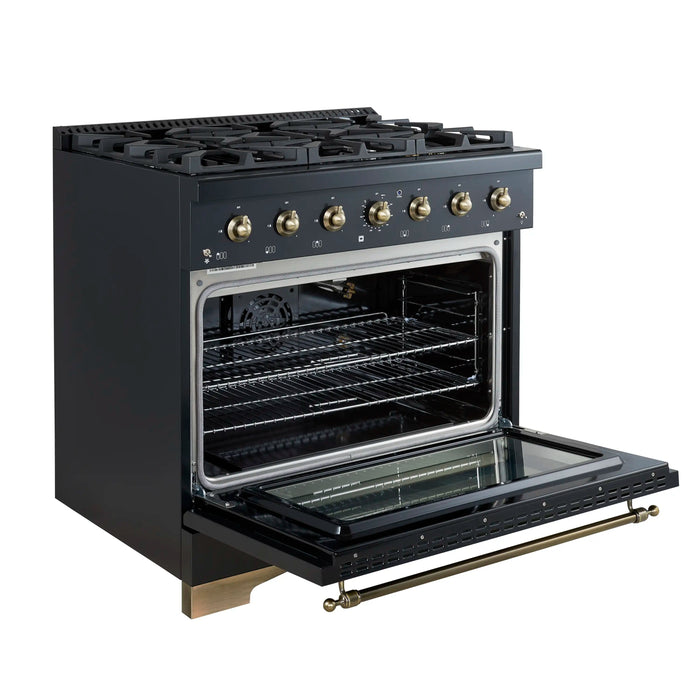 Forno Antico 36-inch Dual Fuel Range with 6 Gas Burner Cooktop and 4.5 Cu.Ft. Electric Convection Oven in Black with Antique Brass Trim (FFSGS6113-36BLK)