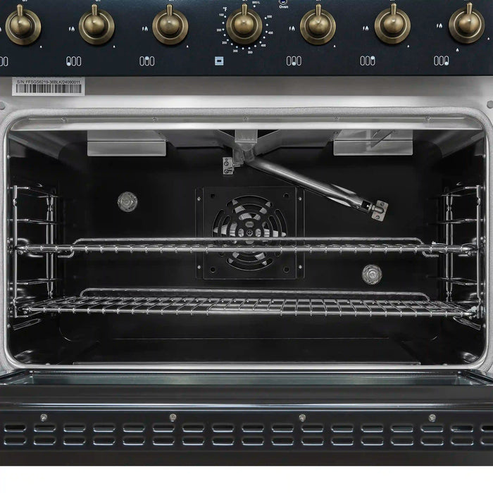 Forno Antico 36-inch Dual Fuel Range with 6 Gas Burner Cooktop and 4.5 Cu.Ft. Electric Convection Oven in Black with Antique Brass Trim (FFSGS6113-36BLK)