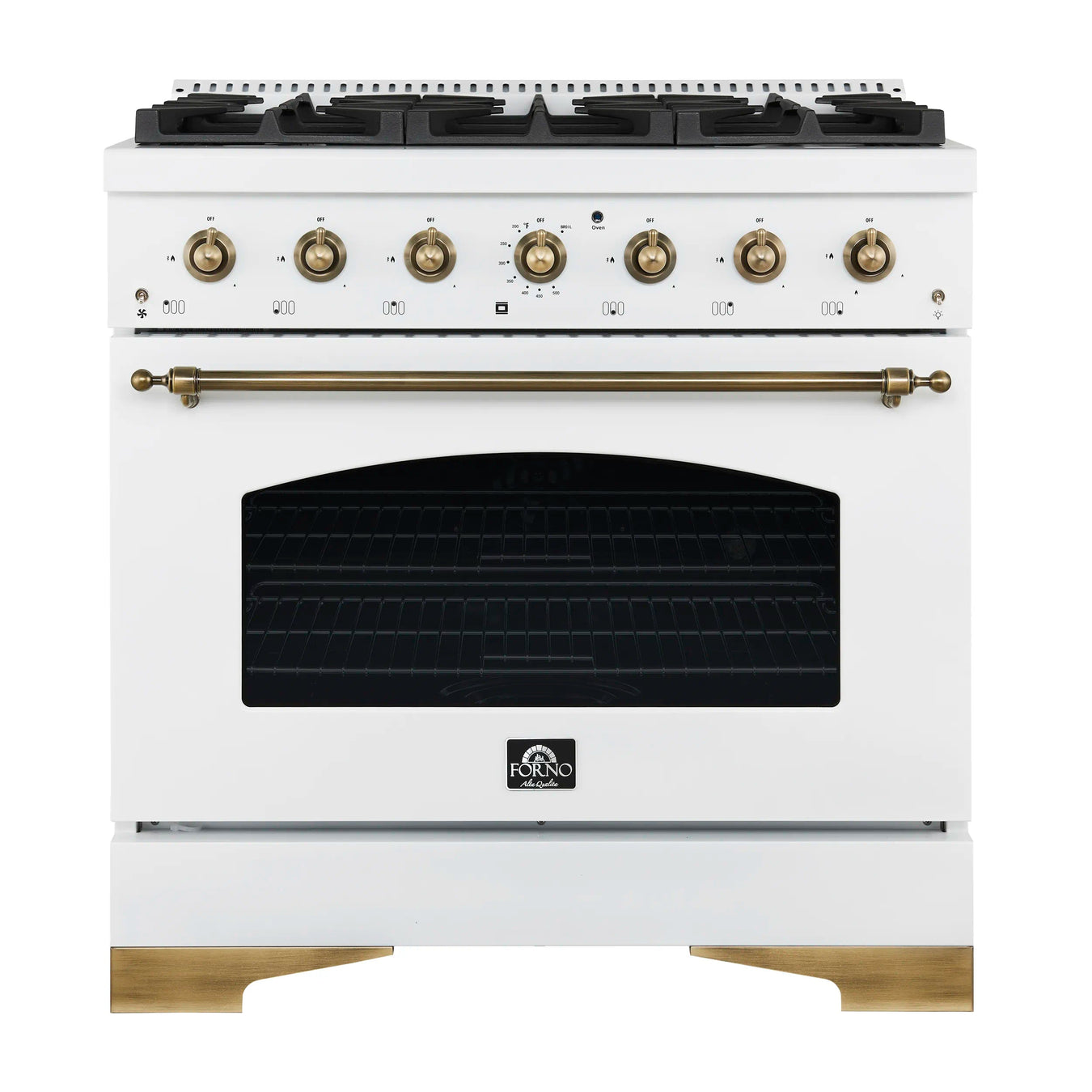 Forno Antico 36-inch Dual Fuel Range with 6 Gas Burner Cooktop and 4.5 Cu.Ft. Electric Convection Oven in White with Antique Brass Trim (FFSGS6113-36WHT)