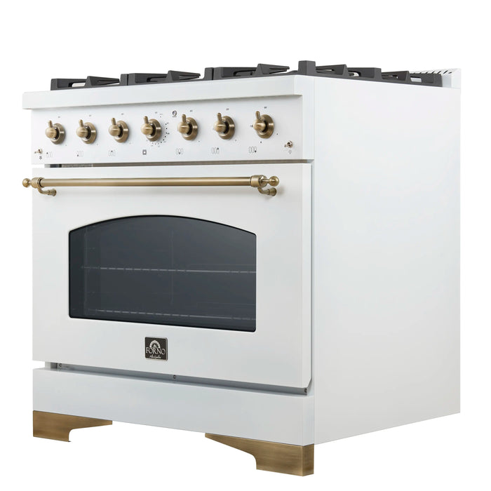 Forno Antico 36-inch Dual Fuel Range with 6 Gas Burner Cooktop and 4.5 Cu.Ft. Electric Convection Oven in White with Antique Brass Trim (FFSGS6113-36WHT)