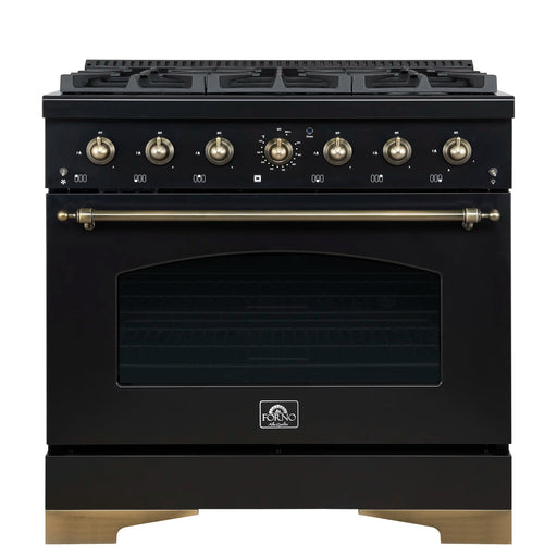 Forno Antico 36-inch Gas Range with 6 Gas Burner Cooktop and 4.5 Cu.Ft. Gas Convection Oven in Black with Antique Brass Trim (FFSGS6219-36BLK)