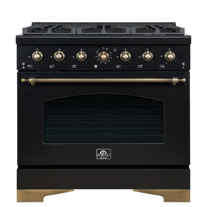 Forno Antico 36-inch Gas Range with 6 Gas Burner Cooktop and 4.5 Cu.Ft. Gas Convection Oven in Black with Antique Brass Trim (FFSGS6219-36BLK)