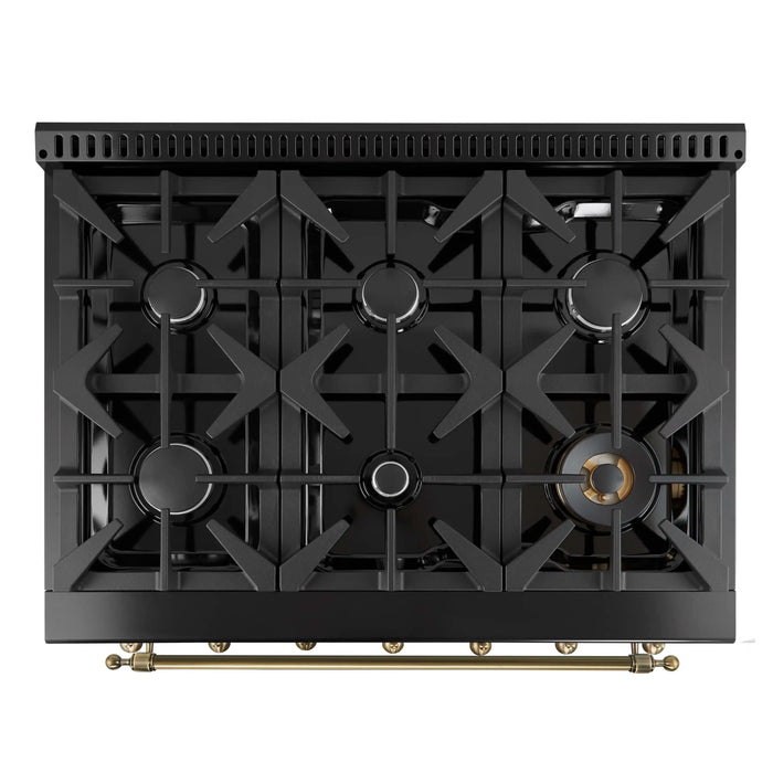 Forno Antico 36-inch Gas Range with 6 Gas Burner Cooktop and 4.5 Cu.Ft. Gas Convection Oven in Black with Antique Brass Trim (FFSGS6219-36BLK)