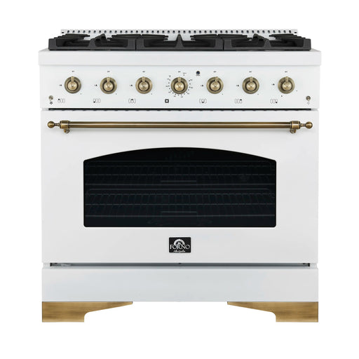 Forno Antico 36-inch Gas Range with 6 Gas Burner Cooktop and 4.5 Cu.Ft. Gas Convection Oven in White with Antique Brass Trim (FFSGS6219-36WHT)