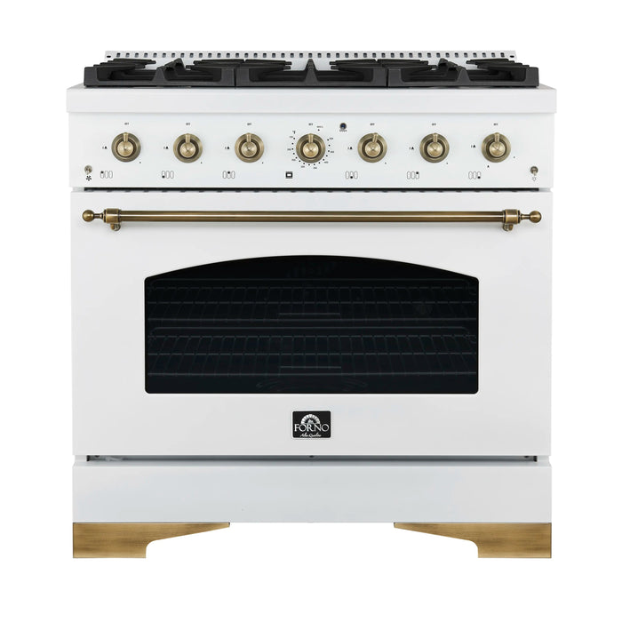 Forno Antico 36-inch Gas Range with 6 Gas Burner Cooktop and 4.5 Cu.Ft. Gas Convection Oven in White with Antique Brass Trim (FFSGS6219-36WHT)