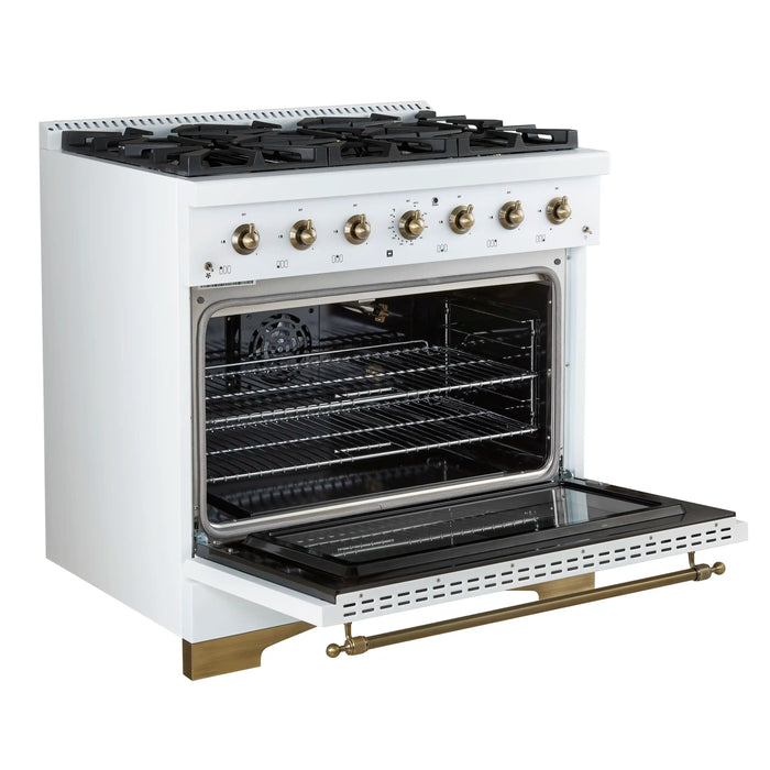 Forno Antico 36-inch Gas Range with 6 Gas Burner Cooktop and 4.5 Cu.Ft. Gas Convection Oven in White with Antique Brass Trim (FFSGS6219-36WHT)