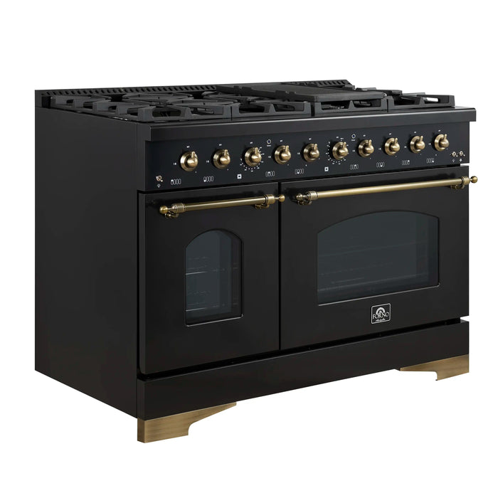 Forno Antico 48-inch Dual Range with 8 Gas Burner Cooktop and 5.5 Cu.Ft. Electric Convection Oven in Black with Antique Brass Trim (FFSGS6113-48BLK)