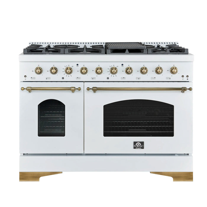 Forno Antico 48-inch Dual Range with 8 Gas Burner Cooktop and 5.5 Cu.Ft. Electric Convection Oven in White with Antique Brass Trim (FFSGS6113-48WHT)