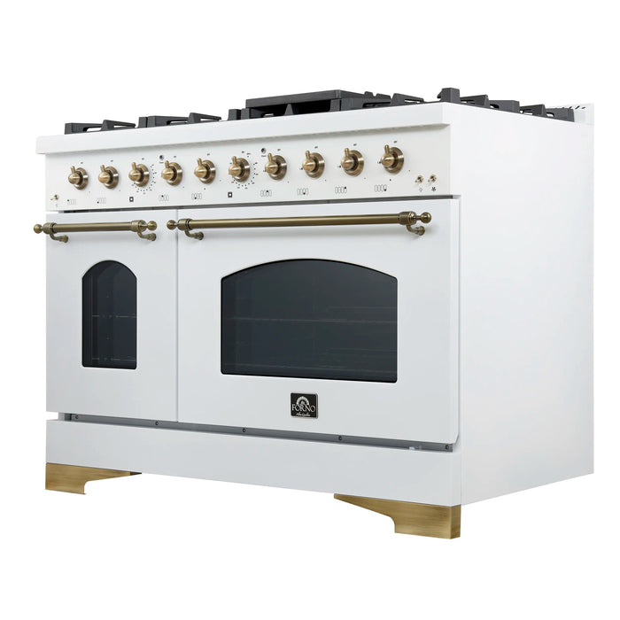 Forno Antico 48-inch Dual Range with 8 Gas Burner Cooktop and 5.5 Cu.Ft. Electric Convection Oven in White with Antique Brass Trim (FFSGS6113-48WHT)