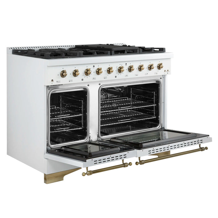 Forno Antico 48-inch Dual Range with 8 Gas Burner Cooktop and 5.5 Cu.Ft. Electric Convection Oven in White with Antique Brass Trim (FFSGS6113-48WHT)