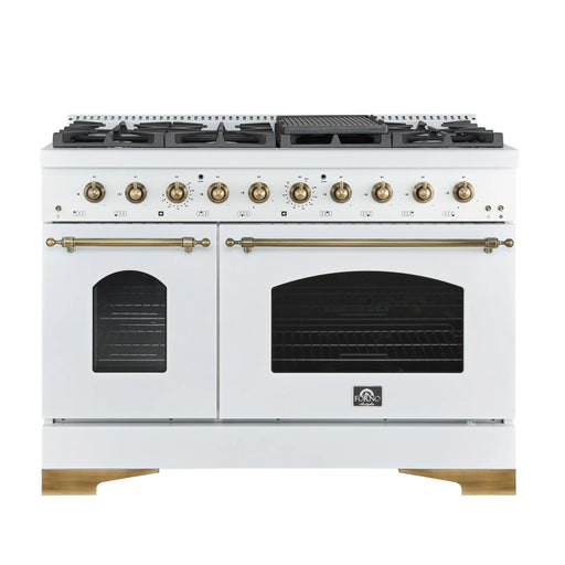 Forno Antico 48-inch Gas Range with 8 Gas Burner Cooktop and 5.5 Cu.Ft. Gas Convection Oven in White with Antique Brass Trim (FFSGS6219-48WHT)