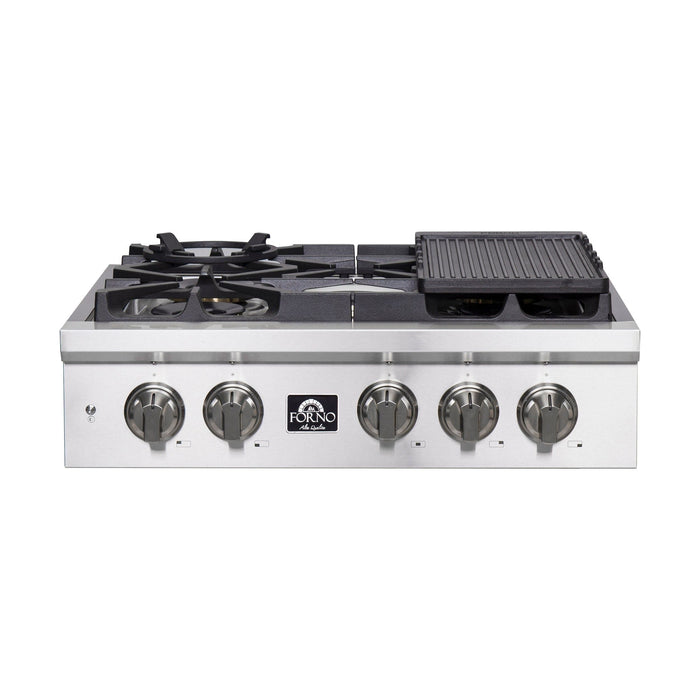 Forno Spezia 30-Inch Gas Rangetop, 5 Burners, Wok Ring and Grill/Griddle in Stainless Steel (FCTGS5751-30)