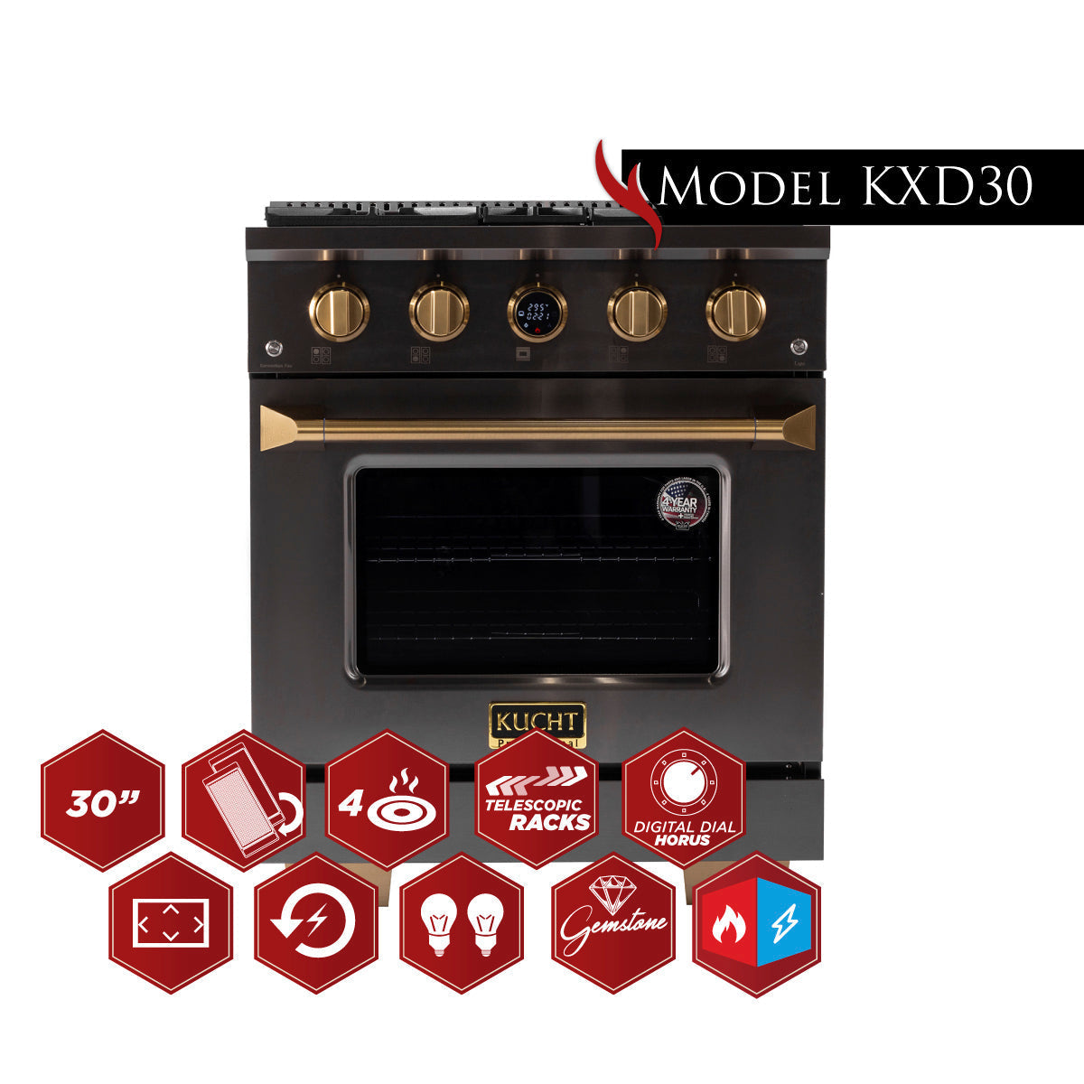 Kucht 30" 4.2 cu. ft. 4 Burner Natural Gas Dual Fuel Range in Titanium Stainless Steel with Digital Thermostat - KXD30