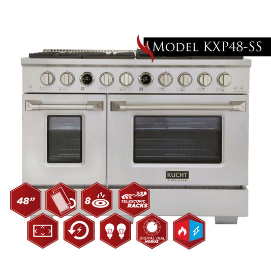 Kucht 48" 6.7 cu. ft. 8 Burner Propane Gas Dual Fuel Range in Stainless Steel with Digital Thermostat - KXP48-SS/LP
