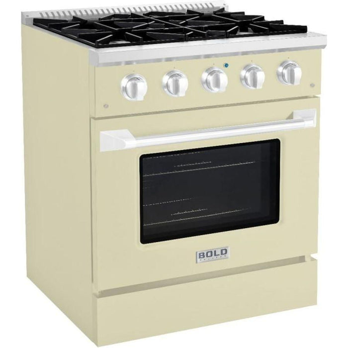 Hallman 30 In. Gas Range, Antique White with Chrome Trim - Bold Series, HBRG30CMAW