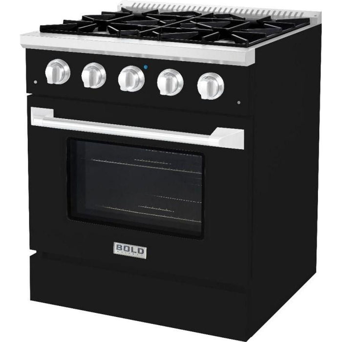 Hallman 30 In. Gas Range, Glossy Black with Chrome Trim - Bold Series, HBRG30CMGB