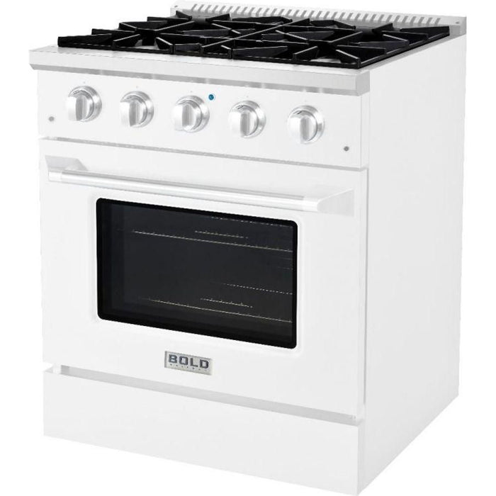 Hallman 30 In. Gas Range, White with Chrome Trim - Bold Series, HBRG30CMWT