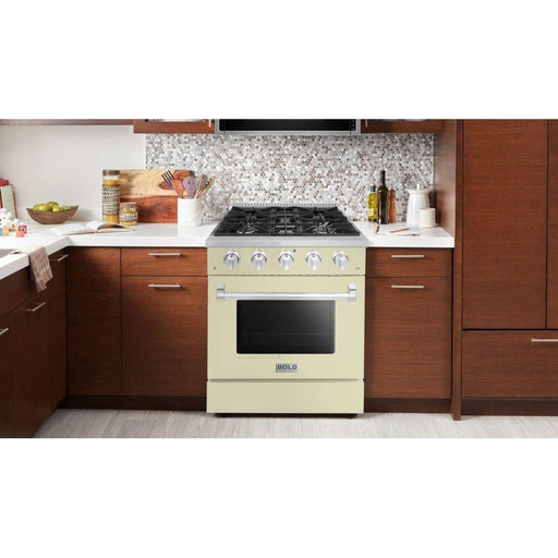 Hallman 30 In. Propane Gas Range, Antique White with Chrome Trim - Bold Series, HBRG30CMAW-LP