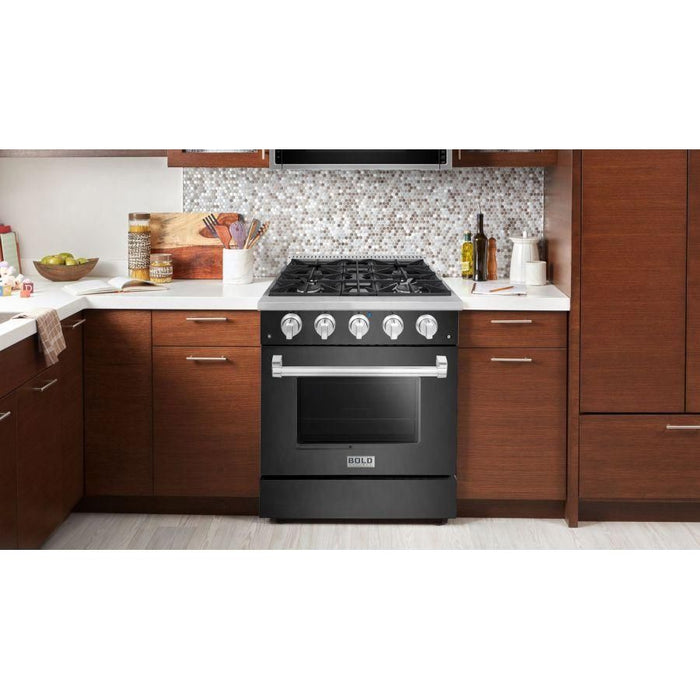 Hallman 30 In. Propane Gas Range, Black Titanium with Chrome Trim - Bold Series, HBRG30CMBT-LP