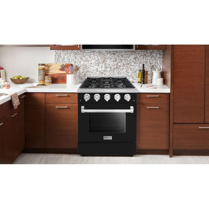 Hallman 30 In. Propane Gas Range, Glossy Black with Chrome Trim - Bold Series, HBRG30CMGB-LP