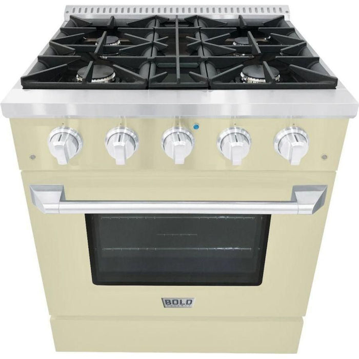 Hallman 30 In. Range with Gas Burners and Electric Oven, Antique White with Chrome Trim - Bold Series, HBRDF30CMAW