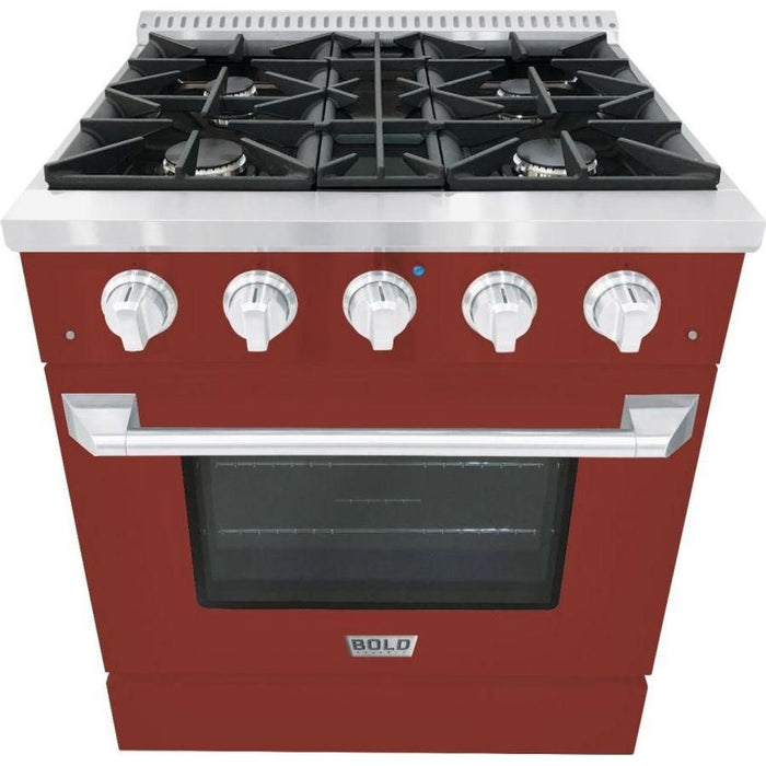 Hallman 30 In. Range with Gas Burners and Electric Oven, Burgundy with Chrome Trim - Bold Series, HBRDF30CMBG