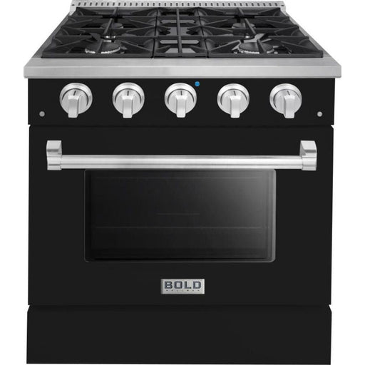 Hallman 30 In. Range with Gas Burners and Electric Oven, Glossy Black with Chrome Trim - Bold Series, HBRDF30CMGB