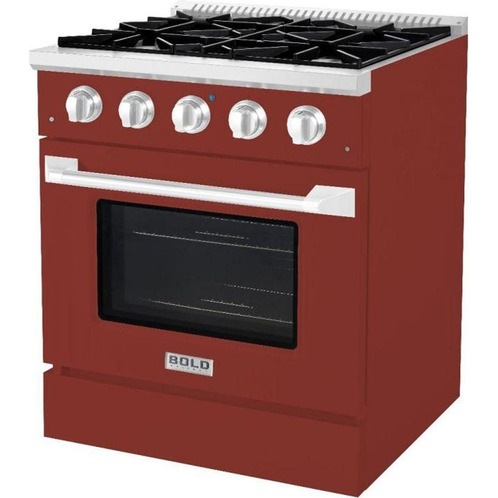 Hallman 30 In. Range with Propane Gas Burners and Electric Oven, Burgundy with Chrome Trim - Bold Series, HBRDF30CMBG-LP