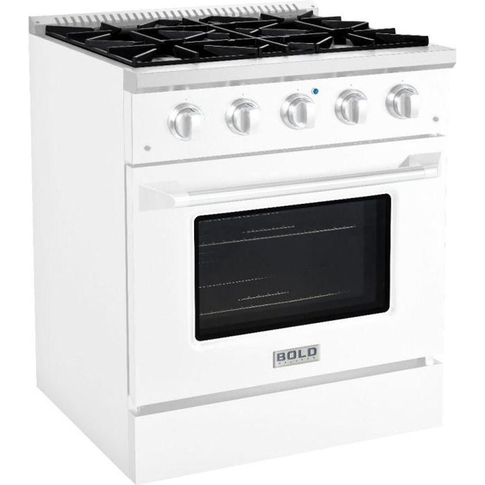 Hallman 30 In. Range with Propane Gas Burners and Electric Oven, White with Chrome Trim - Bold Series, HBRDF30CMWT-LP