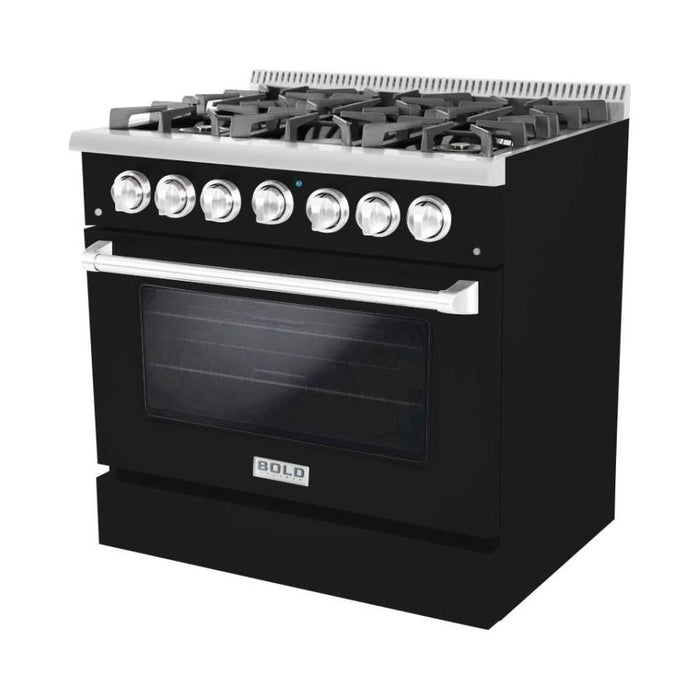 Hallman 36 In. Gas Range, Glossy Black with Chrome Trim - Bold Series, HBRG36CMGB