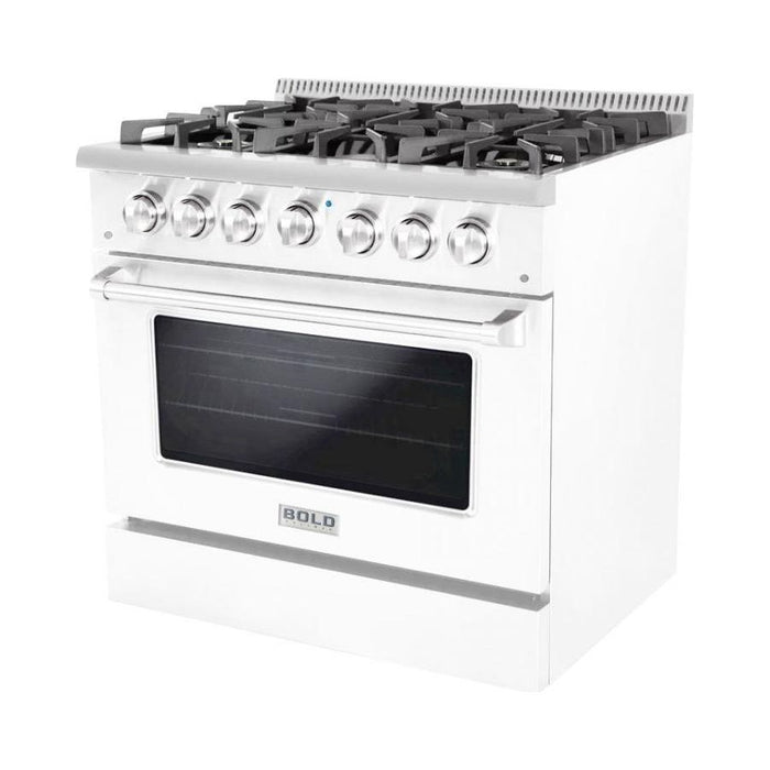 Hallman 36 In. Gas Range, White with Chrome Trim - Bold Series, HBRG36CMWT