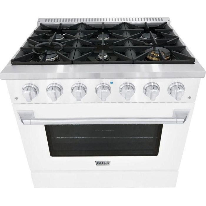 Hallman 36 In. Gas Range, White with Chrome Trim - Bold Series, HBRG36CMWT