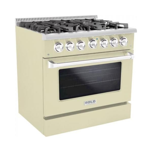 Hallman 36 In. Propane Gas Range, Antique White with Chrome Trim - Bold Series, HBRG36CMAW-LP