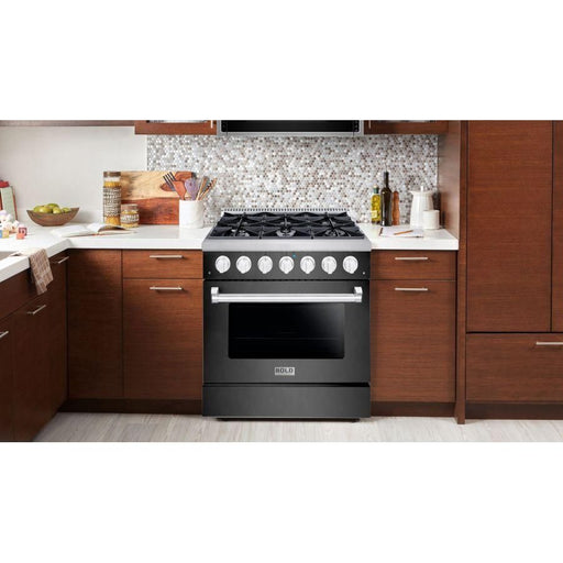 Hallman 36 In. Propane Gas Range, Black Titanium with Chrome Trim - Bold Series, HBRG36CMBT-LP