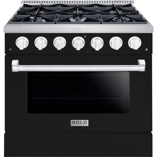 Hallman 36 In. Propane Gas Range, Glossy Black with Chrome Trim - Bold Series, HBRG36CMGB-LP