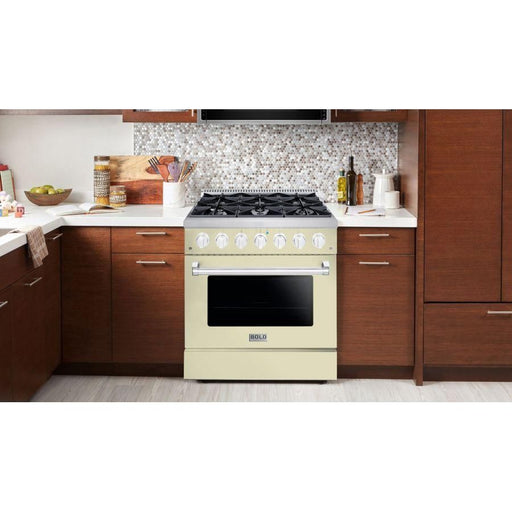 Hallman 36 In. Range with Gas Burners and Electric Oven, Antique White with Chrome Trim - Bold Series, HBRDF36CMAW