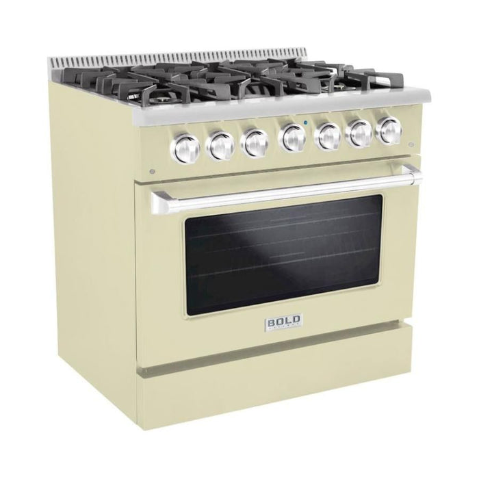 Hallman 36 In. Range with Gas Burners and Electric Oven, Antique White with Chrome Trim - Bold Series, HBRDF36CMAW