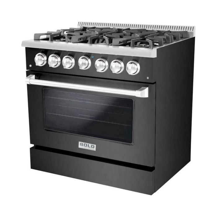 Hallman 36 In. Range with Gas Burners and Electric Oven, Black Titanium with Chrome Trim - Bold Series, HBRDF36CMBT