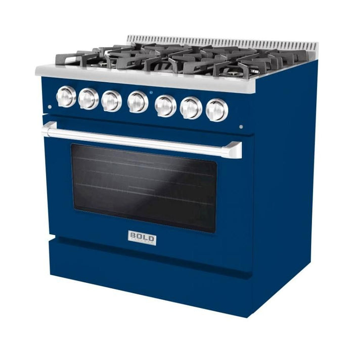 Hallman 36 In. Range with Gas Burners and Electric Oven, Blue with Chrome Trim - Bold Series, HBRDF36CMBU